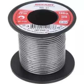 Припой Rexant 09-3122 без канифоли ПОС-61, 100 г, 1,5 мм, (олово 61%, свинец 39%), катушка