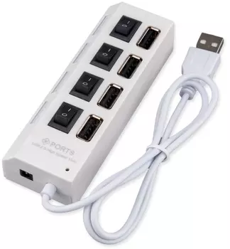 Разветвитель Gembird UHB-243-ADW USB2.0,, 4хUSB, с доп.питанием, подсв и выкл, кабель USB 55см, белый, коробка