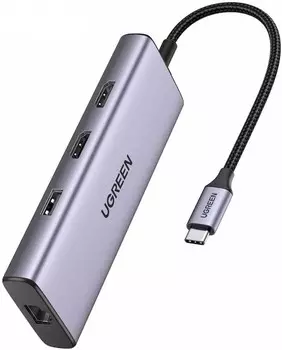 Разветвитель UGREEN CM490 90119_ USB-C to 2*USB 3.0+1USB 2.0+2*HDMI+RJ45(1000M)+SD+TF+PD 4K60Hz, се