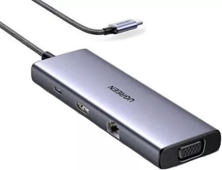 Разветвитель UGREEN CM498 15600_ USB-C to 3*USB-A TF SD VGA RJ45 HDMI PD100W USB-Type, серый космос