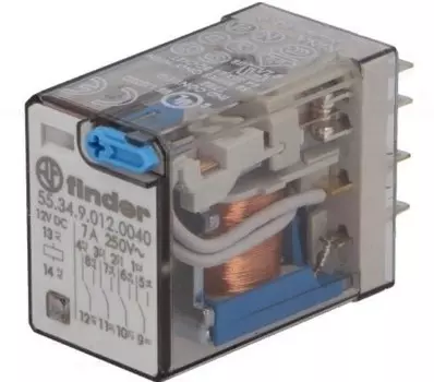 Реле промежуточное FINDER 55.34.9.012.0040 электромеханическое универсальное миниатюрное, монтаж в розетку, 4CO 7A, контакты AgNi, катушка 12В DC, сте