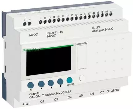 Реле Schneider Electric SR3B262BD Zelio Logic интеллектуальное модульное, 16вх/10вых статических, 24В