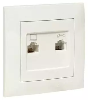 Розетка компьютерная в сборе EKF EWK02-035-30 Валенсия RJ-45+RJ11 2-местная белая