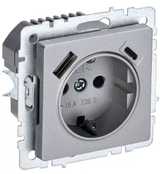 Розетка с заземлением IEK BR-R14-16-U22-018-K47 BRITE с защитными шторками 16А с USB A+C 18Вт РЮш11-1-БрА Алюминевый