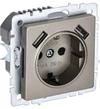 Розетка с заземлением IEK BR-R14-16-U21-D21-K37 BRITE с защитными шторками 16А с USB A+A 2,1А РЮш10-1-БрШ Шампань