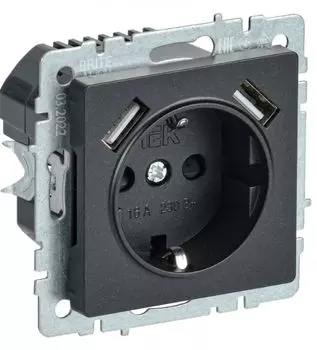 Розетка с заземлением IEK BR-R14-16-U21-D21-K46 BRITE с защитными шторками 16А с USB A+A 2,1А РЮш10-1-БрС Сталь