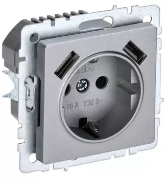 Розетка с заземлением IEK BR-R14-16-U21-D21-K47 BRITE с защитными шторками 16А с USB A+A 2,1А РЮш10-1-БрА Алюминевый