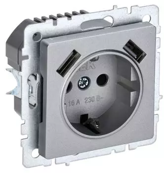 Розетка с заземлением IEK BR-R14-16-U21-D31-K47 BRITE с защитными шторками 16А с USB A+A 3,1А РЮш10-2-БрА Алюминевый