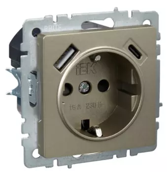 Розетка с заземлением IEK BR-R14-16-U22-018-K37 BRITE с защитными шторками 16А с USB A+C 18Вт РЮш11-1-БрШ Шампань