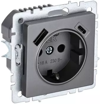 Розетка с заземлением IEK BR-R14-16-U22-018-K46 BRITE с защитными шторками 16А с USB A+C 18Вт РЮш11-1-БрС Сталь