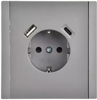 Розетка с заземлением с 2 USB IEK FP-R14-16-U22-018-K46 FORTE&PIANO с защитными шторками в/к 16А тип A+тип C 18Вт FP547 сталь
