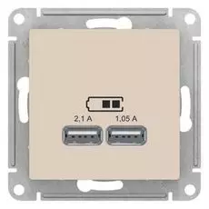 Розетка Schneider Electric ATN000233 AtlasDesign, USB, 5В, 1 порт x 2.1 А, 2 порта х 1.05 А, механизм, бежевая