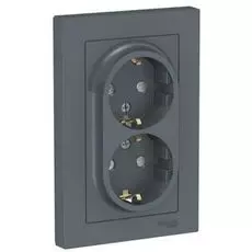 Розетка Schneider Electric ATN000726 AtlasDesign, двойная, с заземлением, со шторками, 16А, в сборе, грифель
