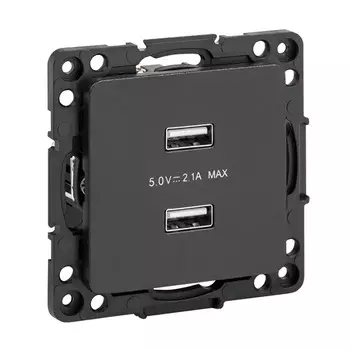 Розетка EKF EZR16-028-10-2USB Стокгольм 2-местная 2,1А винтовые клеммы черный механизм