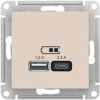 Розетка USB Systeme Electric ATN000239 AtlasDesign А+С, 5В/2,4А, 2х5В/1,2А, механизм, Бежевый
