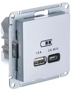 Розетка USB Systeme Electric ATN000329 AtlasDesign A + тип-C 45Вт высокоскор.заряд. QC,PD, мех.,Алюминий