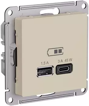Розетка USB Systeme Electric ATN001229 AtlasDesign A + тип-C 45Вт высокоскор.заряд. QC, PD, мех., Песочный