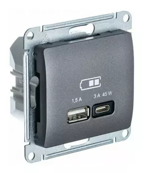 Розетка USB Systeme Electric GSL001329 Glossa А + тип-С 45Вт высокоскор.заряд. QC, PD, механизм, графит