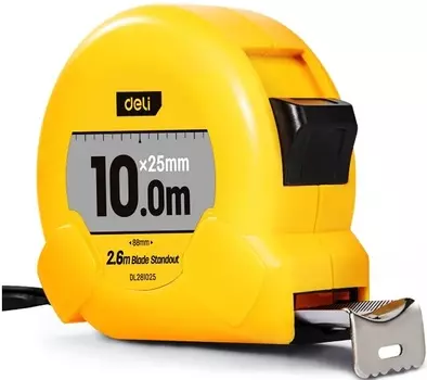 Рулетка Deli DL281025 10м*25мм, метрическая, клипса, ремешок