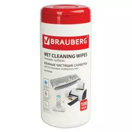 Салфетки BRAUBERG 510123 для пластиковых поверхностей, 13х17 см, туба 100 шт., влажные