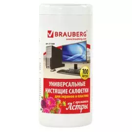 Салфетки BRAUBERG 511689 для экранов всех типов и пластика, с ароматом "АСТРА", в тубе 100 шт., влажные