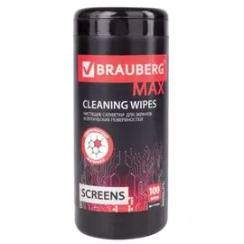 Салфетки BRAUBERG 513284 для экранов всех типов и оптики, плотные, 13х17 см, туба 100 шт., влажные