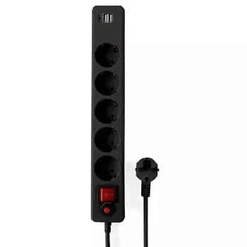 Сетевой фильтр Гарнизон ECL-5-U2-B-1.8 5р, 10А, 2xUSB, 1.8м, ур.защиты 4, черный, пакет