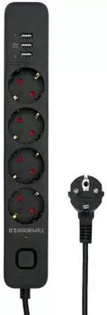 Сетевой фильтр Garnizon EPS-4-U3-B-2 4р, 10А, 3xUSB, 2м, ур.защиты 2+, черный, пакет