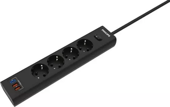 Сетевой фильтр Philips CHP4346BA/51 4 Розетки с USB PD/QC3.0 (5/9/12В) 20Вт кабель - 2M черный