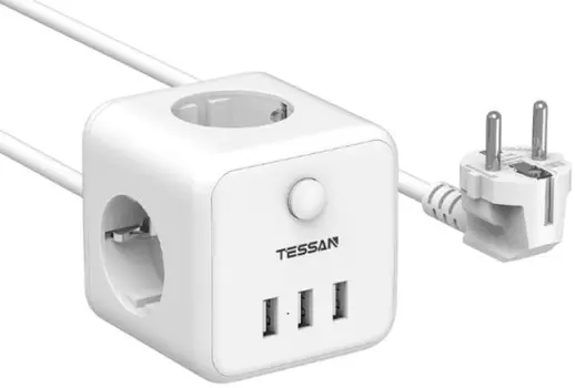 Сетевой фильтр TESSAN TS-301 White 3 евророзетки 220В и 3 USB и кн. питания, 2500Вт, до 10А, кабель