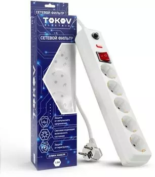 Сетевой фильтр TOKOV ELECTRIC TKE-C01-SF5-1.8-ZV 5х1.8м с заземл. с выкл. 16А с защ. от скачков напр. и перегрузок 3х1 бел