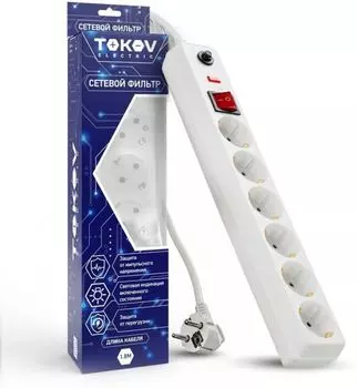 Сетевой фильтр TOKOV ELECTRIC TKE-C01-SF6-1.8-ZV 6х1.8м с заземл. с выкл. 16А с защ. от скачков напр. и перегрузок 3х1 бел