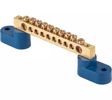 Шина EKF sn0-2-63-10 "0" N (6x9мм) 10 отв. латунь 2 синих угловых изолятора