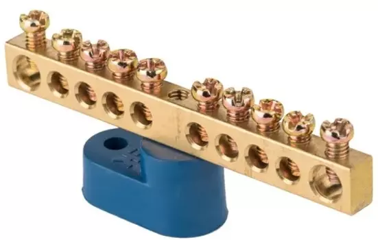 Шина EKF sn0-63-10-1 "0" N (6x9мм) 10 отв. латунь синий угловой изолятор