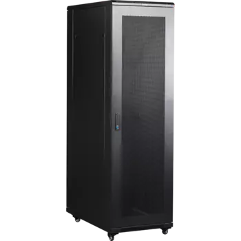 Шкаф напольный 19", 18U TWT TWT-CBB-18U-6x8-P1 Business, 600x800, черный, передняя дв. перфорир., задняя дв. распашная перфорир.