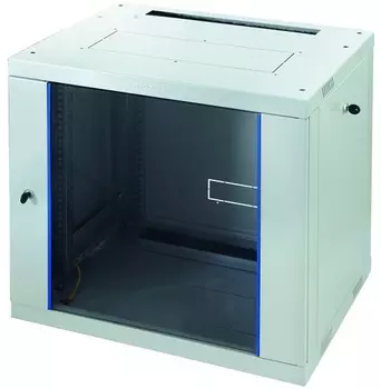 Шкаф настенный 19", 12U Eurolan 60W-12-64-31GY Racknet F30 600 450, передняя дверь стеклянная, боковые панели, шнуры зазаемления, светло-серый