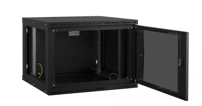 Шкаф настенный 19", 12U TLK TWI-126045-R-G-BK стеклянная дверь, 569х600х450 мм (ВхШхГ), черный RAL 9005, разборный