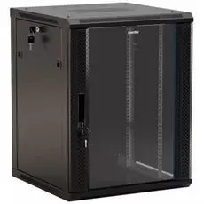 Шкаф настенный 19", 22U Hyperline TWB-FC-2266-GP-RAL9004 стеклянная дверь с перфорацией по бокам, ручка с замком, с возможностью установки на ножки (в