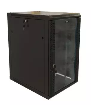 Шкаф серверный 19", 12U Hyperline TWB-1268-GP-RAL9004 650x600х800мм, стеклянная дверь с перфорацией по бокам, ручка с замком, цвет черный (RAL 9004) (
