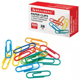 Скрепки BRAUBERG 220555 канцелярские 28 мм, 100 шт, в картонной коробке, цветные