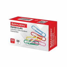 Скрепки BRAUBERG 221533 канцелярские, большие 50 мм, цветные, 50 шт, в картонной коробке