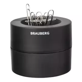 Скрепочница BRAUBERG 225191 магнитная с 30 скрепками, большой бочонок, черная