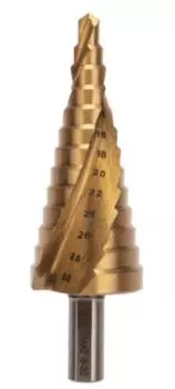 Сверло KRANZ KR-12-6616 ступенчатое, 6-8-10-12-14-16-18-20-22-24-26-28-30мм, Р6М5, ТИТАН, трехгр.хвостовик