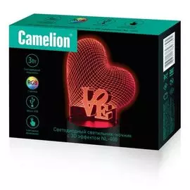 Светильник настольный Camelion NL-400 светодиодный ночник, RGB, 220В/3*LR6 (AA)/USB, "Сердце", с эффектом объёмного изображения