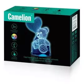 Светильник настольный Camelion NL-402 светодиодный ночник, RGB, 220В/3*LR6 (AA)/USB, "Мишка", с эффектом объёмного изображения