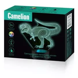 Светильник настольный Camelion NL-405 светодиодный ночник, RGB, 220В/3*LR6 (AA)/USB, "Динозавр", с эффектом объёмного изображения