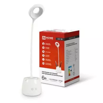 Светильник светодиодный IN HOME 4690612036595 настольный аккум. ССО 10Б 6Вт 6500К 480лм сенсор-диммер с органайзером USB-кабель, белый