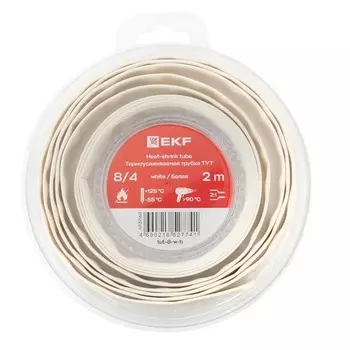 Термоусаживаемая трубка EKF tut-8-w-b нг 8/4 белая ролик 2 м