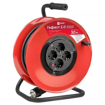 Удлинитель на катушке EKF UKG02-16-R315-4-30 "Гефест 2.0" 4 гнезда 30м с заземлением и предохранителем КГ 3*1,5 16А/3,5кВт PROxima