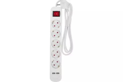Удлинитель Rexant 13-4034 STANDARD 5 гнезд, 1,5м, 3х1,0мм2, с/з, с выключателем, 2 USB, белый